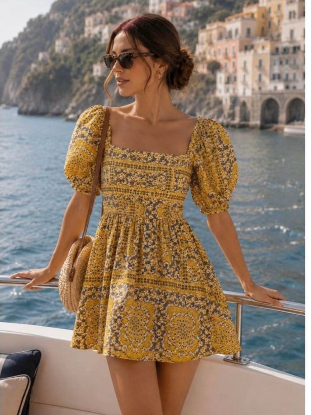 Abercrombie & Fitch Emerson Yellow Floral Square-Neck Puff Sleeve Mini Dress